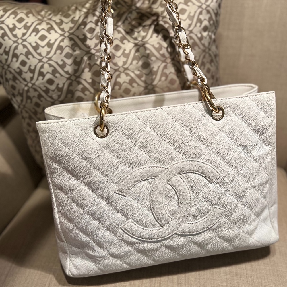 Chanel Large Tote Shopping Bag, White with Gold Chain Straps, $1,000